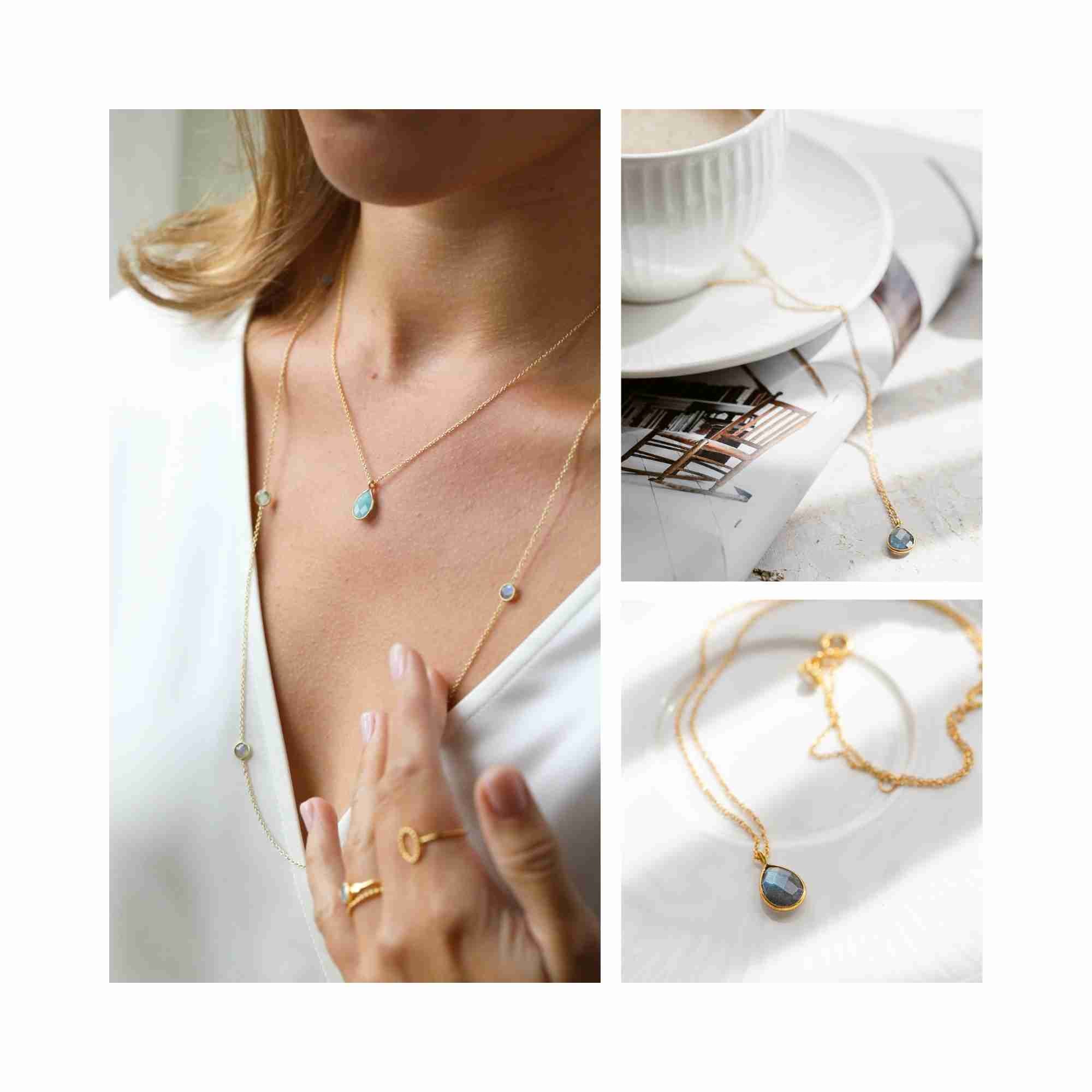 Styling collage of Dew Drops Labradorite Teardrop Pendant Necklace Gold — multiple views of the labradorite pendant in 22K gold vermeil by Protsaah Zurich.
