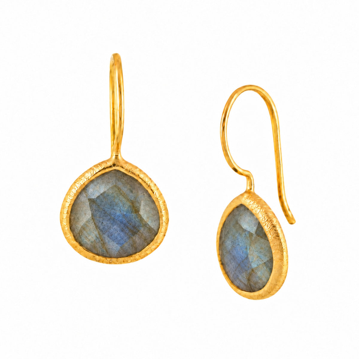 Faceted labradorite heart drop earrings in a brushed gold bezel on wire hooks on a white background