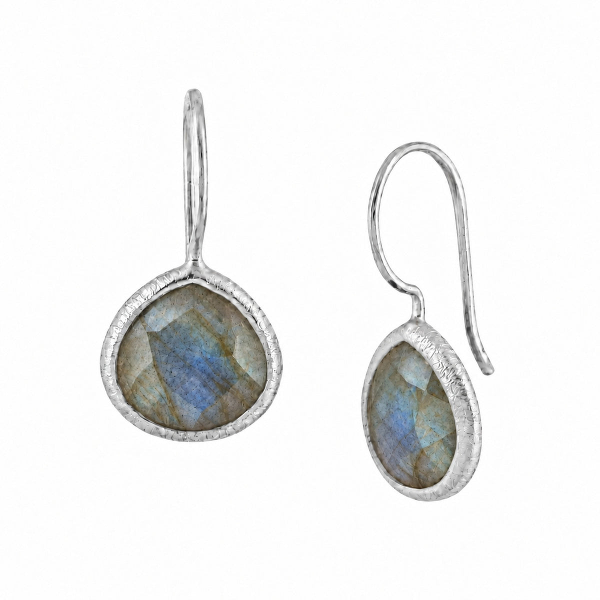Faceted labradorite heart drop earrings in a brushed silver bezel on wire hooks on a white background