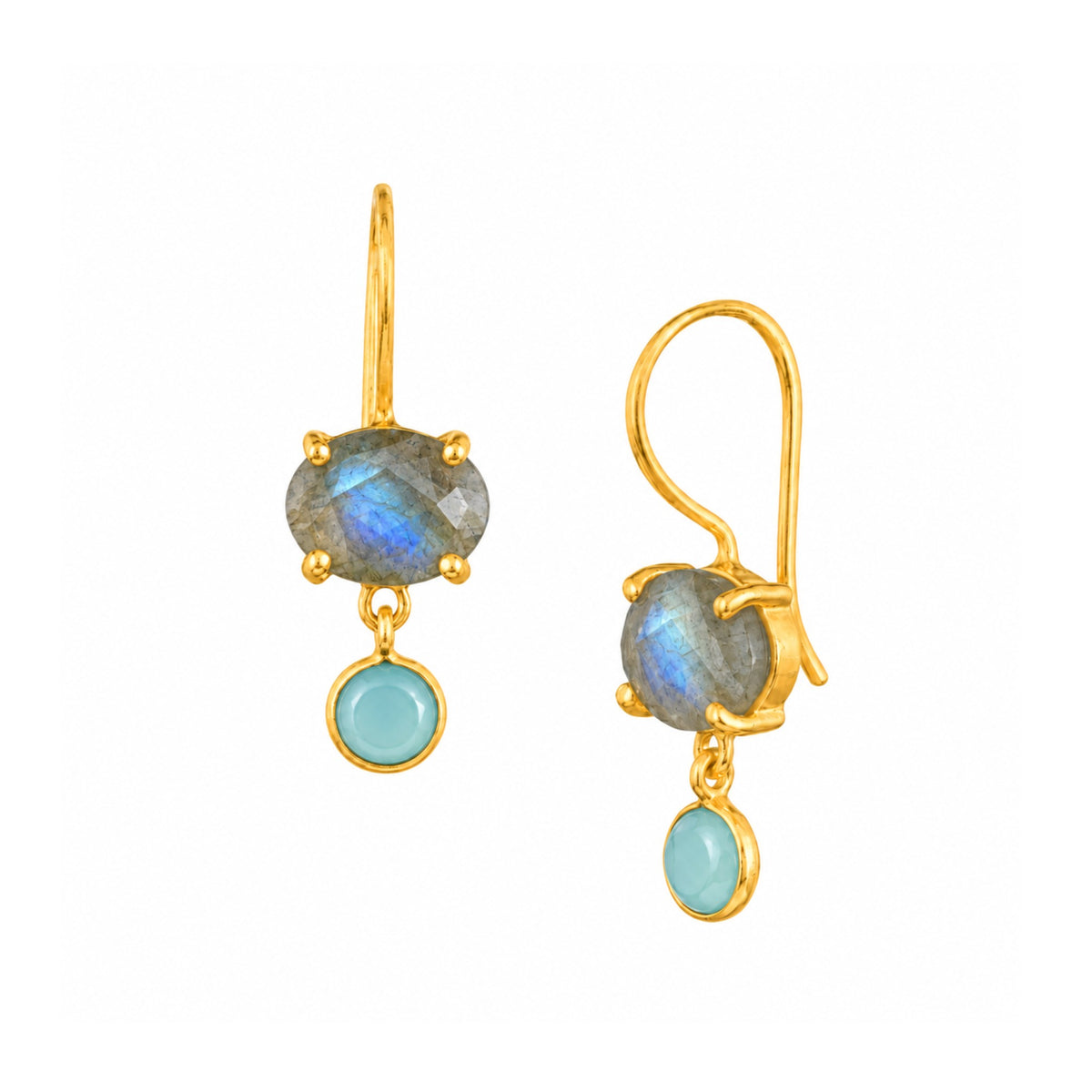 Faceted labradorite oval and aqua chalcedony round duo drop earrings in gold on wire hooks on a white background