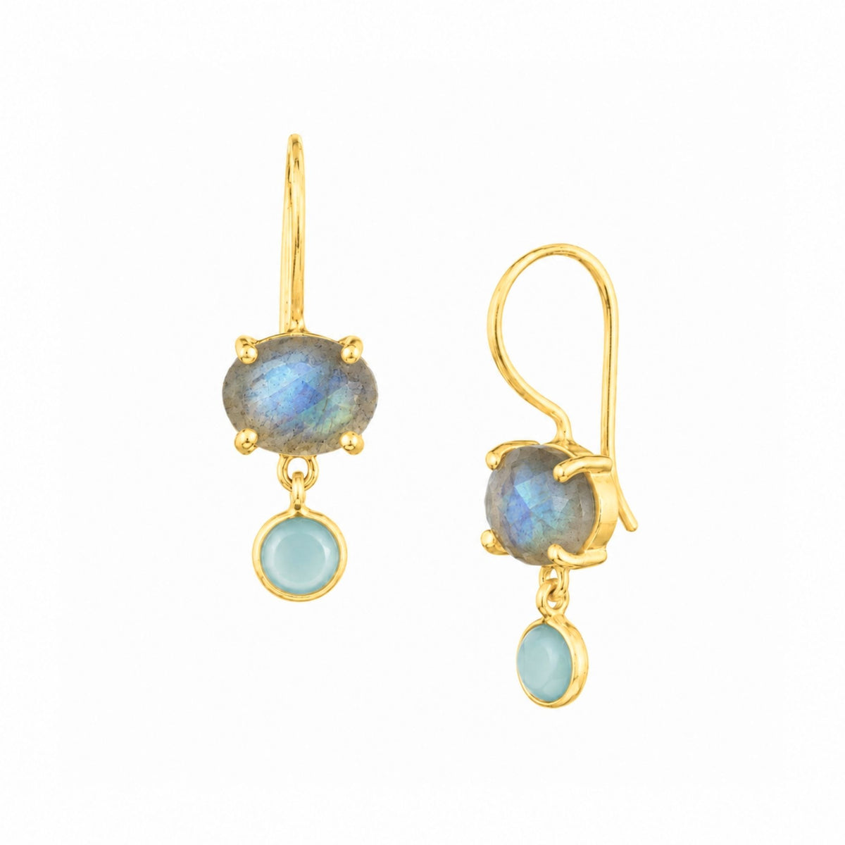 Faceted labradorite oval and aqua chalcedony round duo drop earrings in gold on wire hooks on a white background