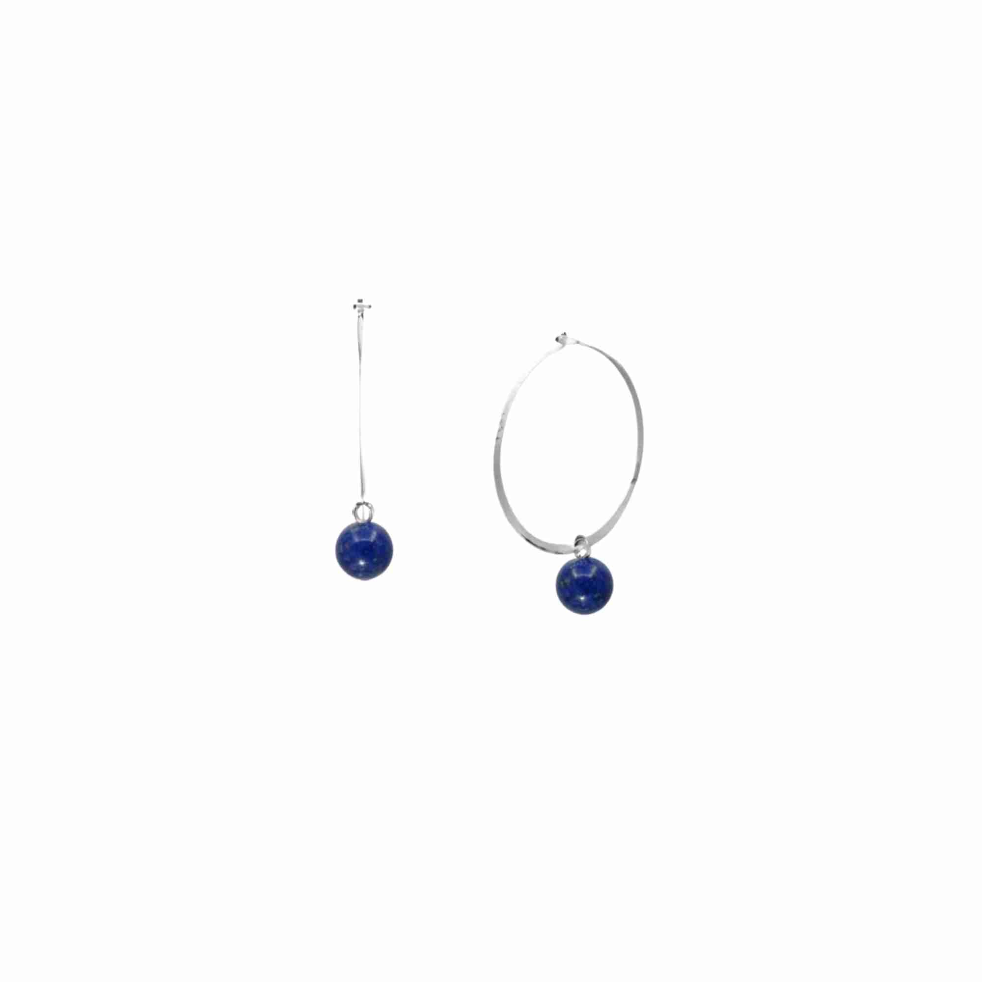 Dew Drops Lapis Lazuli Large Hoop Earrings Silver — large thin silver hoop with a round royal-blue Lapis Lazuli bead drop at the base flecked with gold pyrite, in a high-polish 925 silver finish on a pin closure — Protsaah.