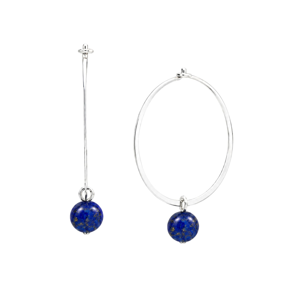 Large flat-wire silver hoop earrings with a smooth lapis lazuli bead drop and hook and eye catch on a white background