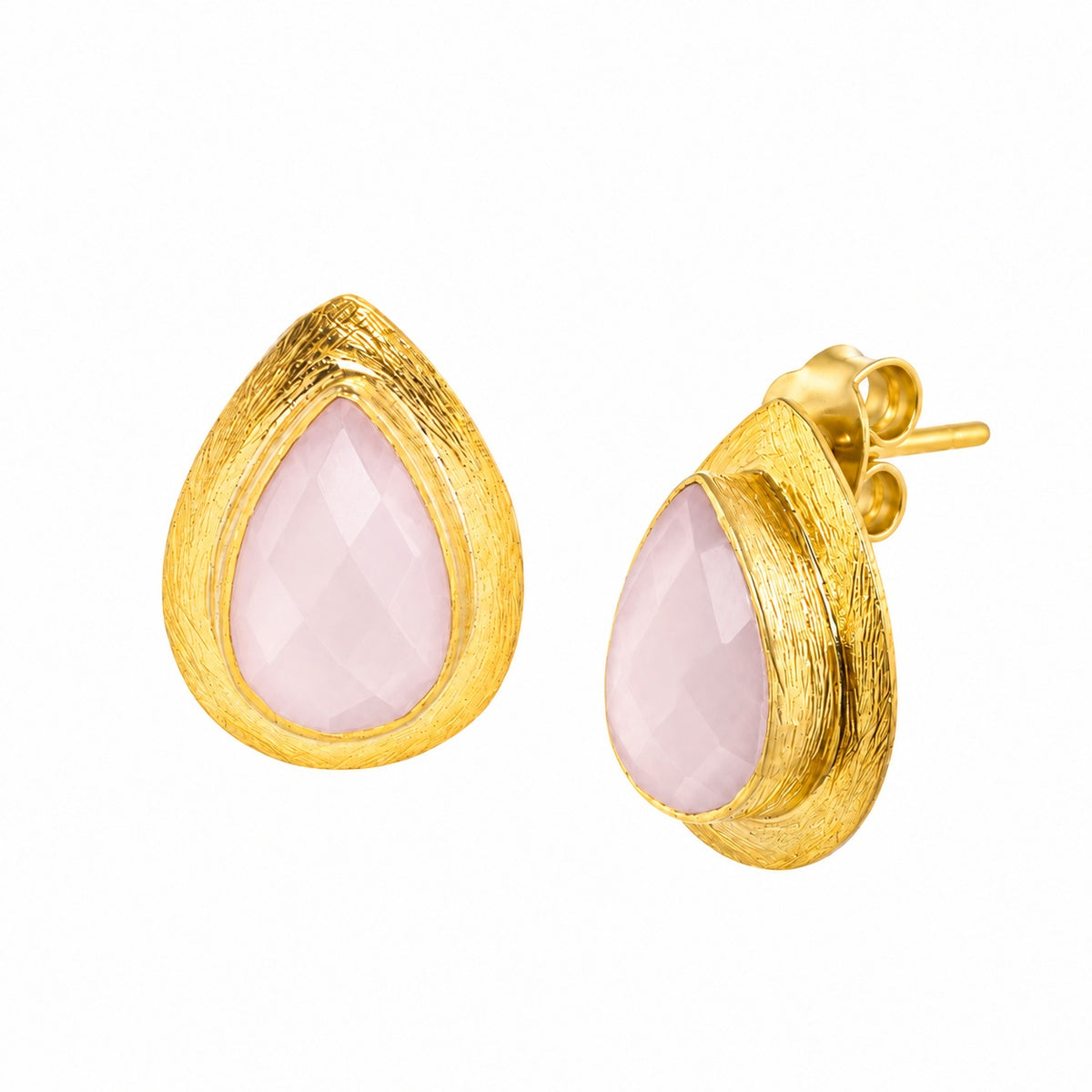 Dew Drops Large Teardrop Pink Chalcedony Stud Earrings Gold