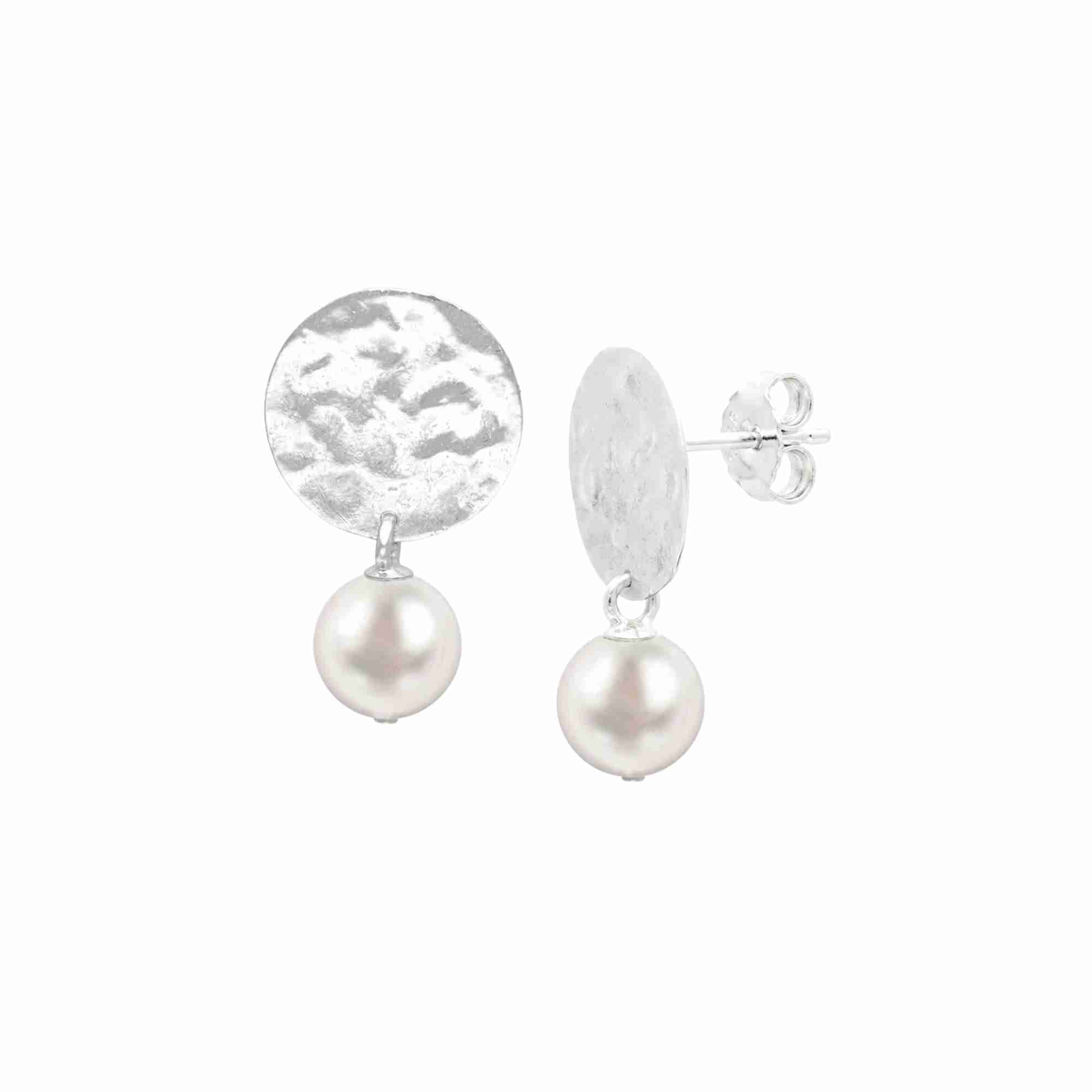 Dew Drops Molten Disc Pearl Drop Earrings Silver — hammered molten-textured circular disc stud suspending a round freshwater pearl drop in high-polish silver finish on a butterfly-back post — Protsaah.