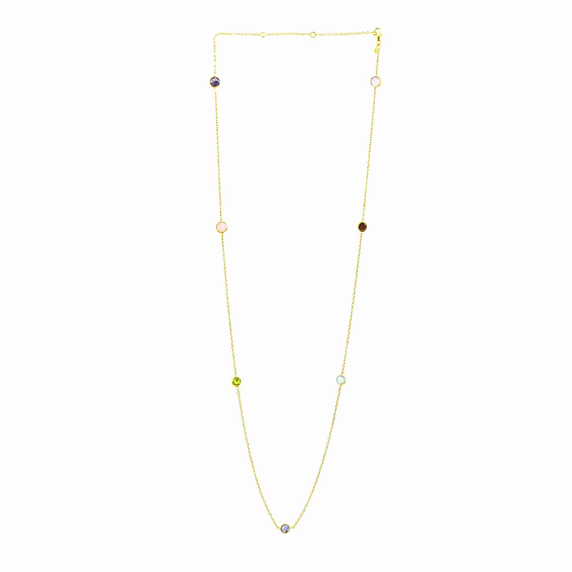 Dew Drops Multi-Gemstone Long Necklace Gold — seven round bezel-set gemstones including Green Onyx, Blue Topaz, Amethyst, Pink Opal, Garnet, Labradorite and Prehnite on a fine long gold chain — Protsaah.