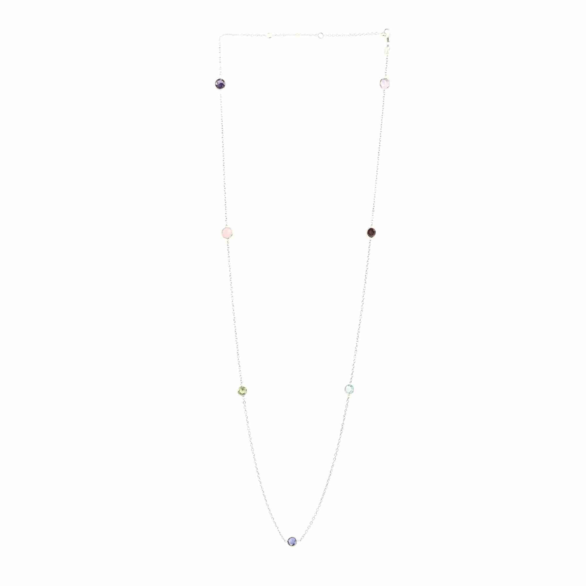Dew Drops Multi-Gemstone Long Necklace Silver — seven round bezel-set gemstones including Green Onyx, Blue Topaz, Amethyst, Pink Opal, Garnet, Labradorite and Prehnite on a fine long silver chain — Protsaah.