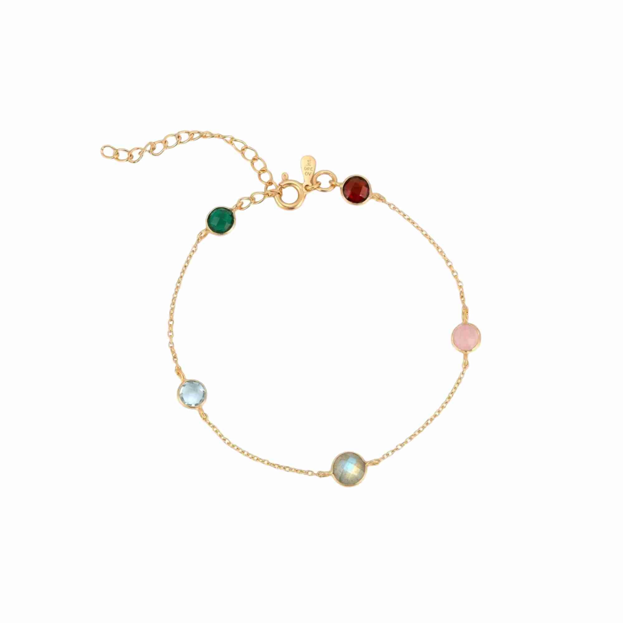 Dew Drops Multi Stone Bracelet Gold — five round bezel-set gemstones in Garnet, Green Onyx, Blue Topaz, Labradorite and Rose Quartz on a fine gold cable chain — Protsaah.