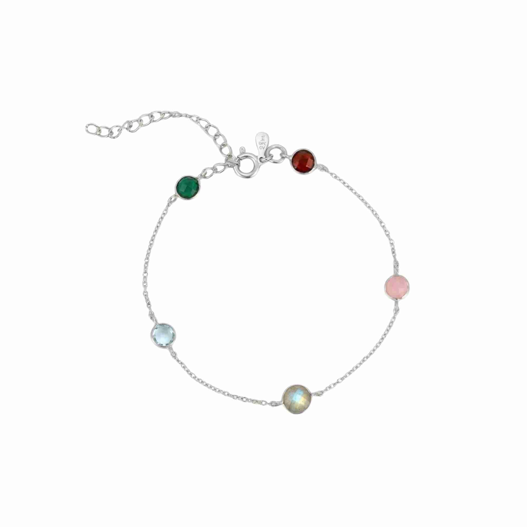 Dew Drops Multi Stone Bracelet Silver — five round bezel-set gemstones in Garnet, Green Onyx, Blue Topaz, Labradorite and Rose Quartz on a fine silver cable chain — Protsaah.