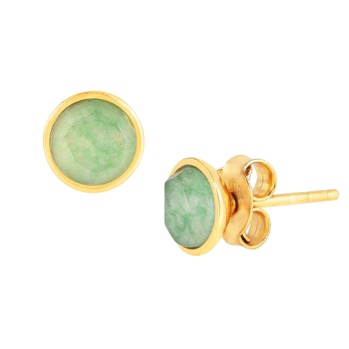 Round faceted 6mm nephrite jade domed stud earrings in a gold collet on a white background