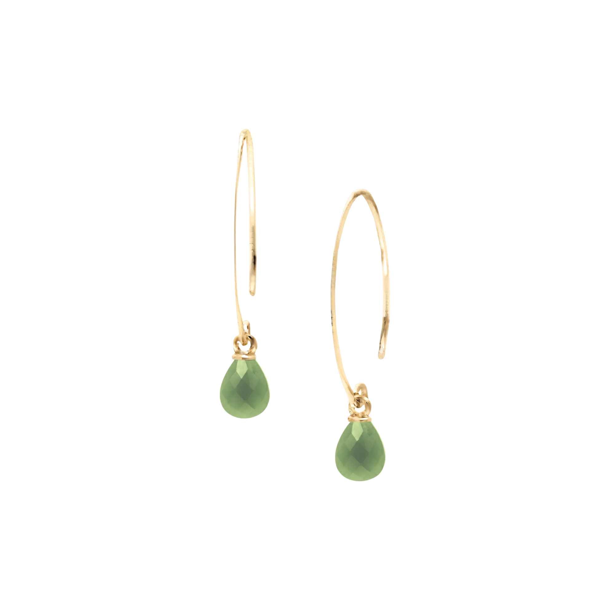 Pair of elongated, minimalist 22K gold plated 925 Silver open marquise-shaped wire hooks, each dangling a smooth teardrop briolette charm made of natural deep olive green Nephrite Jade gemstone with subtle lustrous finish against a plain white background — Protsaah Zurich.