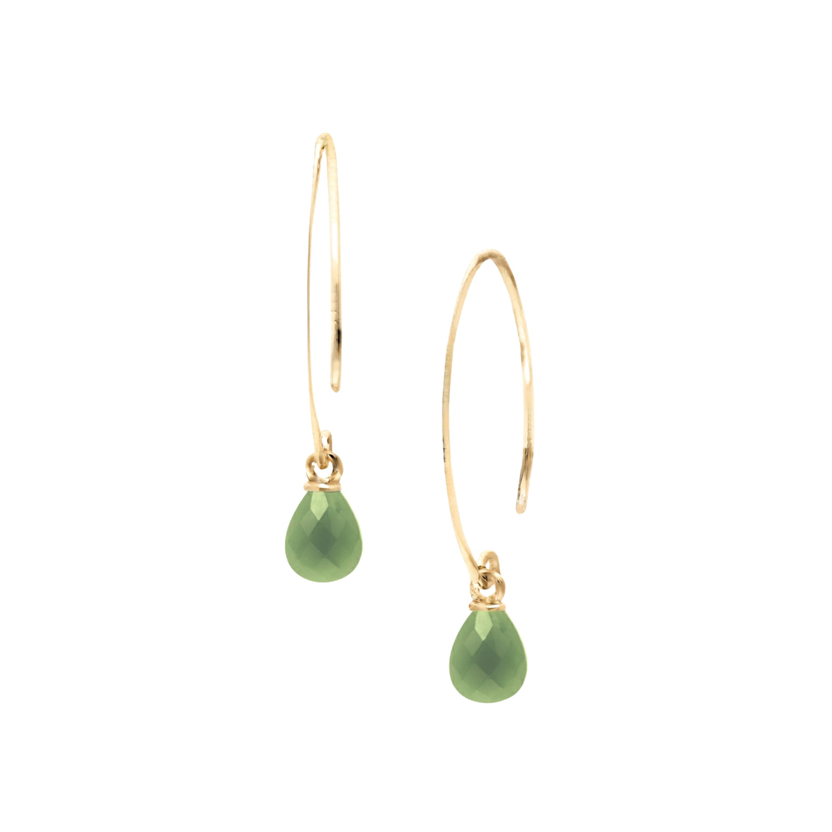 Pale green pear briolette drop earrings on long open gold arc hooks on a white background