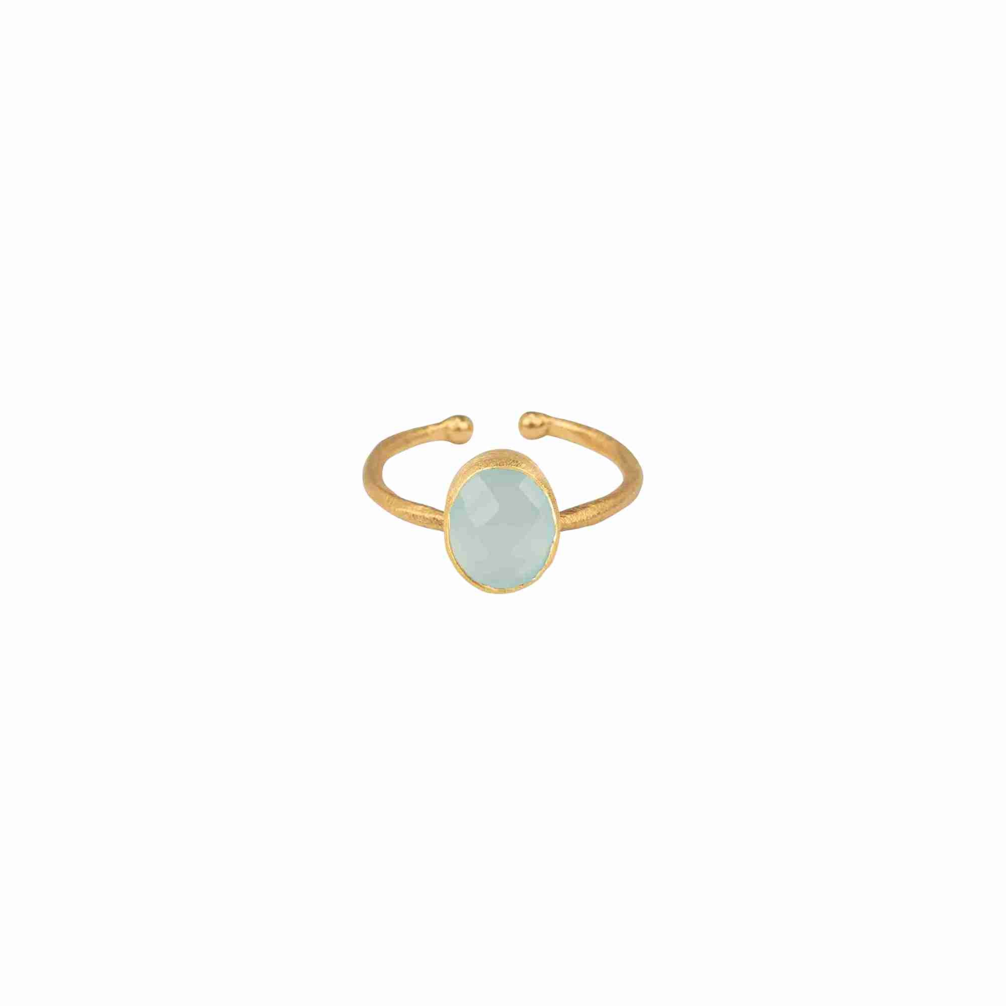 Dew Drops Oval Aqua Chalcedony Adjustable Ring Gold — elegant 22K gold vermeil open-back adjustable ring featuring a smooth oval cabochon light blue aqua chalcedony gemstone by Protsaah Zurich.