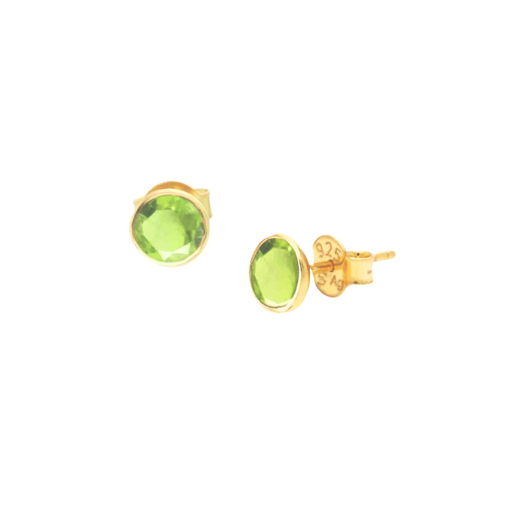 Dew Drops Peridot Bezel Round Stud Earrings Gold — Pair of faceted round lime green peridot in a minimal circular bezel setting in high-polish 22K gold plated 925 sterling silver, on a butterfly-back post. Product studio shot on white background — Protsaah.