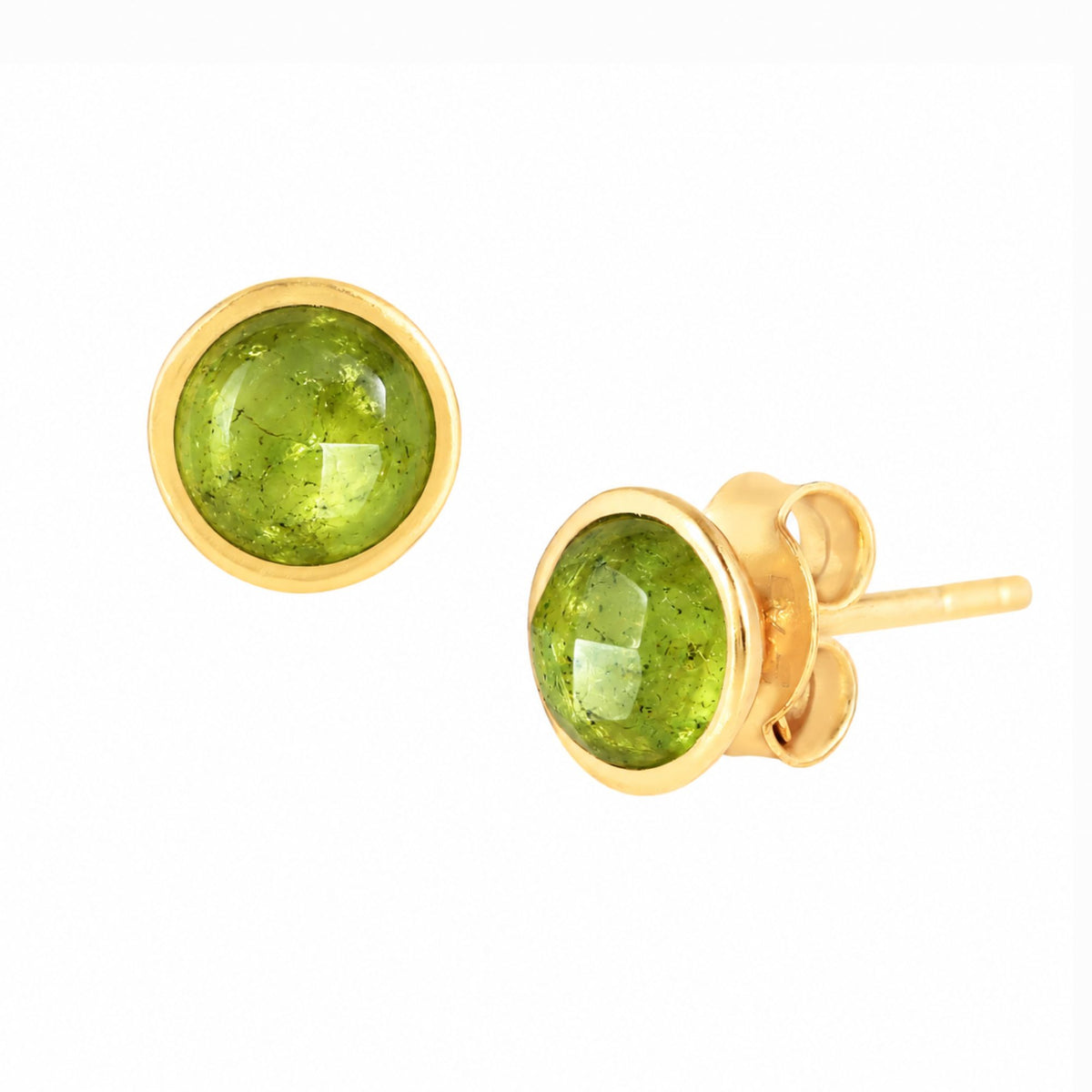 Round faceted 6mm peridot domed stud earrings in a gold collet on a white background