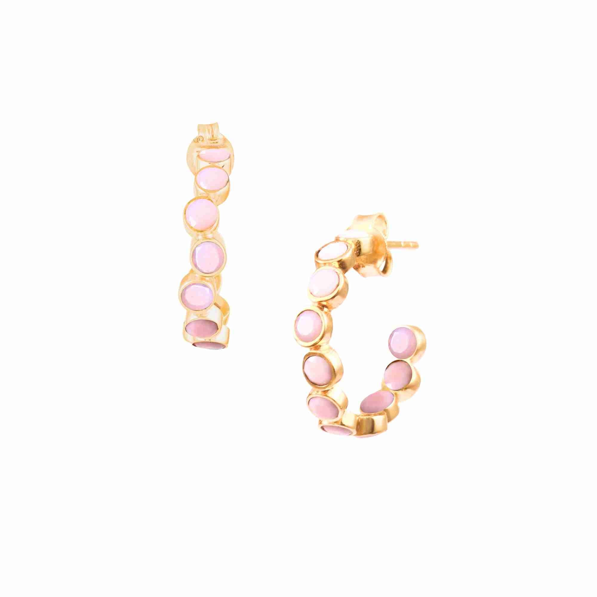 Dew Drops Pink Opal Studded Hoop Earrings Gold — open hoop with round-cut Pink Opal gemstones bezel-set along the outer rim in high-shine 22K gold finish with push-back post closure — Protsaah.