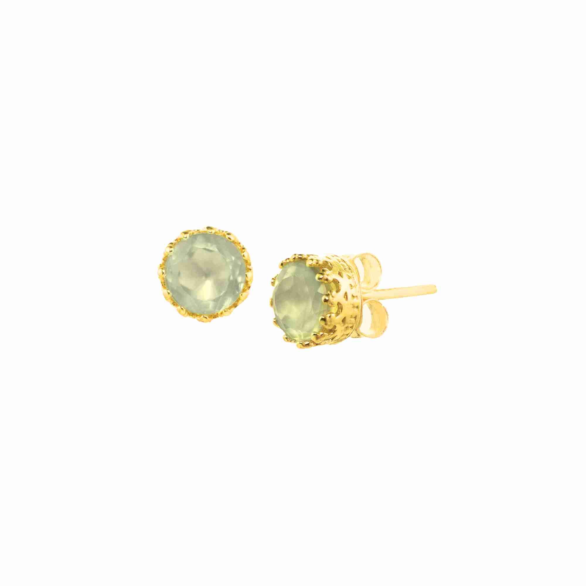 Dew Drops Prehnite Crown Stud Earrings Gold — elegant 22K gold plated 925 Silver minimalist round stud earrings featuring a multi-prong crown setting housing a faceted natural pale mint green prasiolite gemstone by Protsaah Zurich.