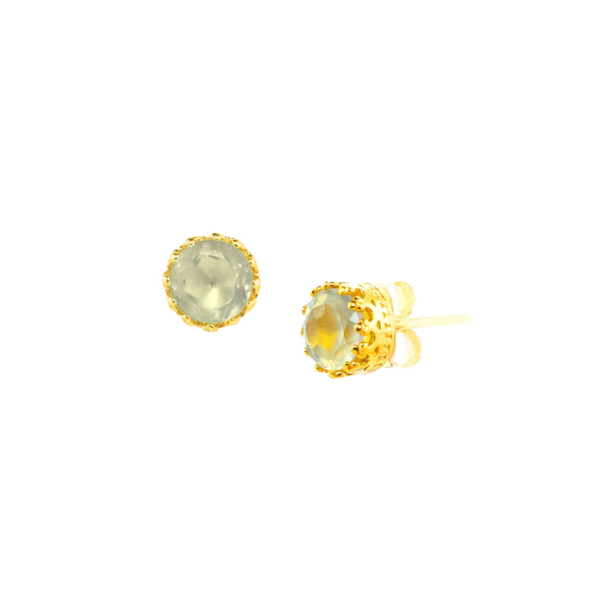 Dew Drops Prehnite Crown Stud Earrings Gold — elegant 22K gold plated 925 Silver minimalist round stud earrings featuring a multi-prong crown setting housing a faceted natural pale green prehnite gemstone by Protsaah Zurich.