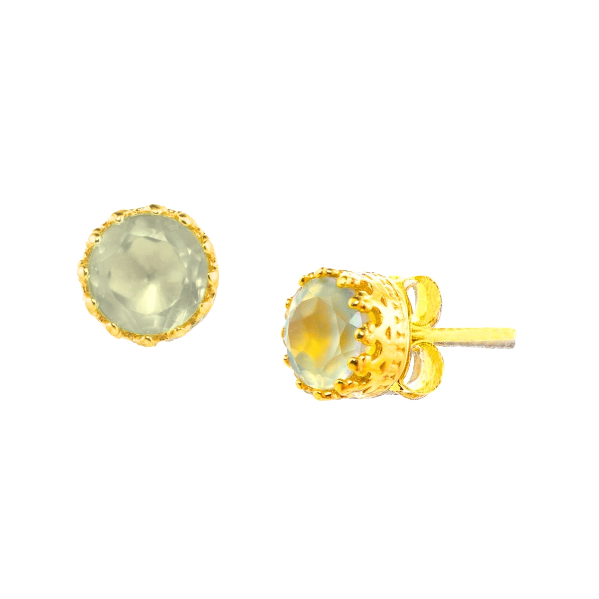 Round faceted 7mm pale green prehnite stud earrings in a gold crown setting on a white background