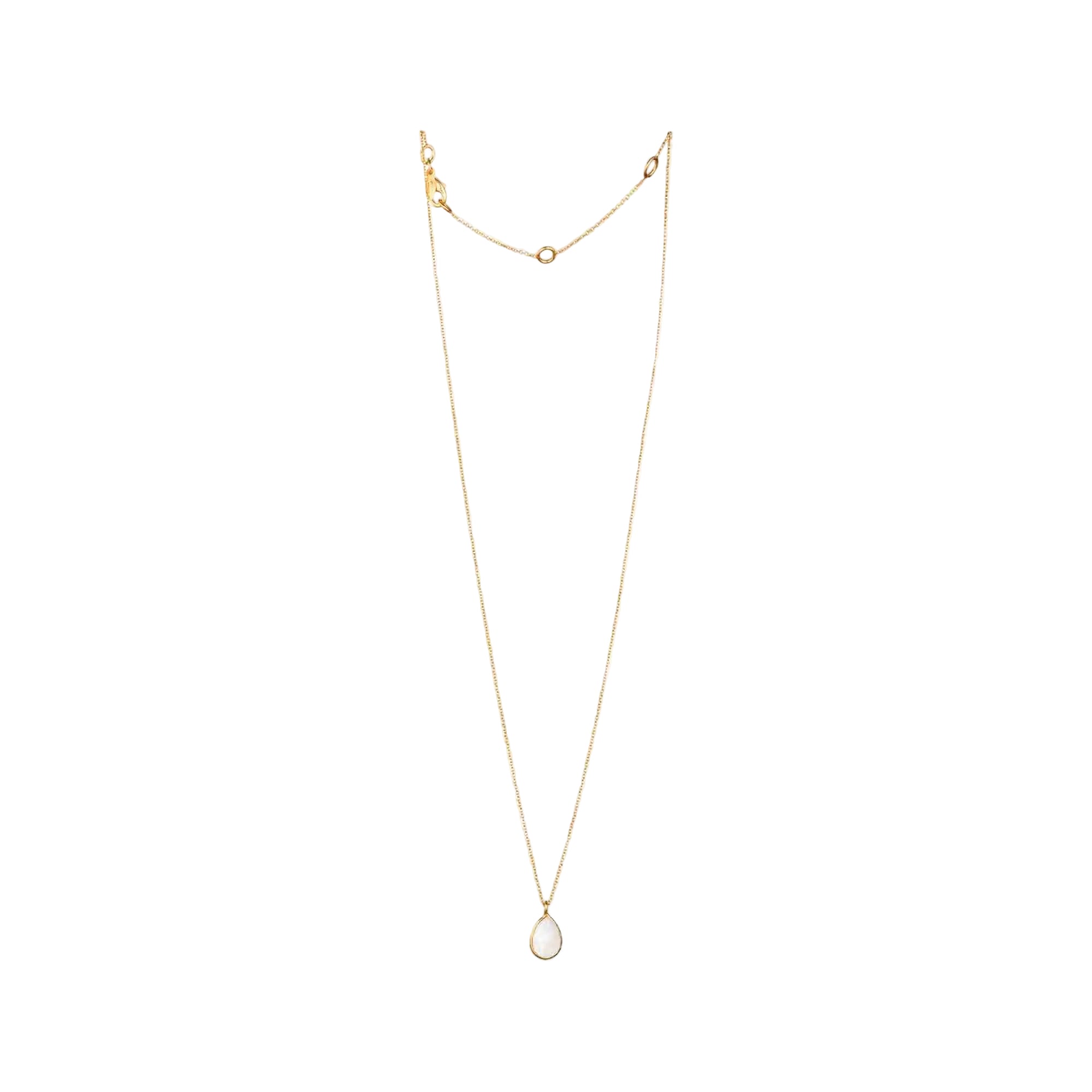 Detail shot of Dew Drops Rainbow Moonstone Teardrop Pendant Necklace Gold — close-up of the iridescent rainbow moonstone in 22K gold vermeil by Protsaah Zurich.