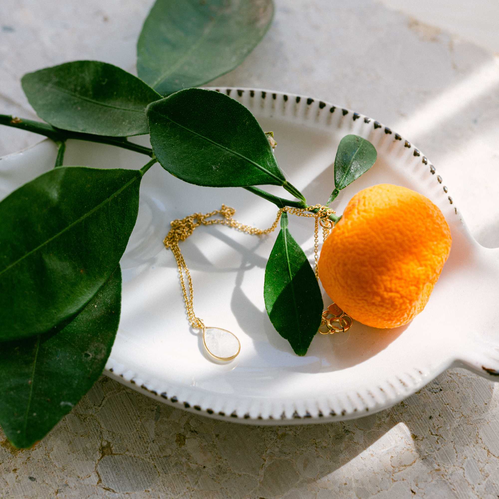 A gold pendant necklace featuring a delicate, bezel-set teardrop rainbow moonstone charm on a fine chain, shown both worn on a model's neckline and flat-layed on a decorative white dish with a mandarin orange and green leaves.