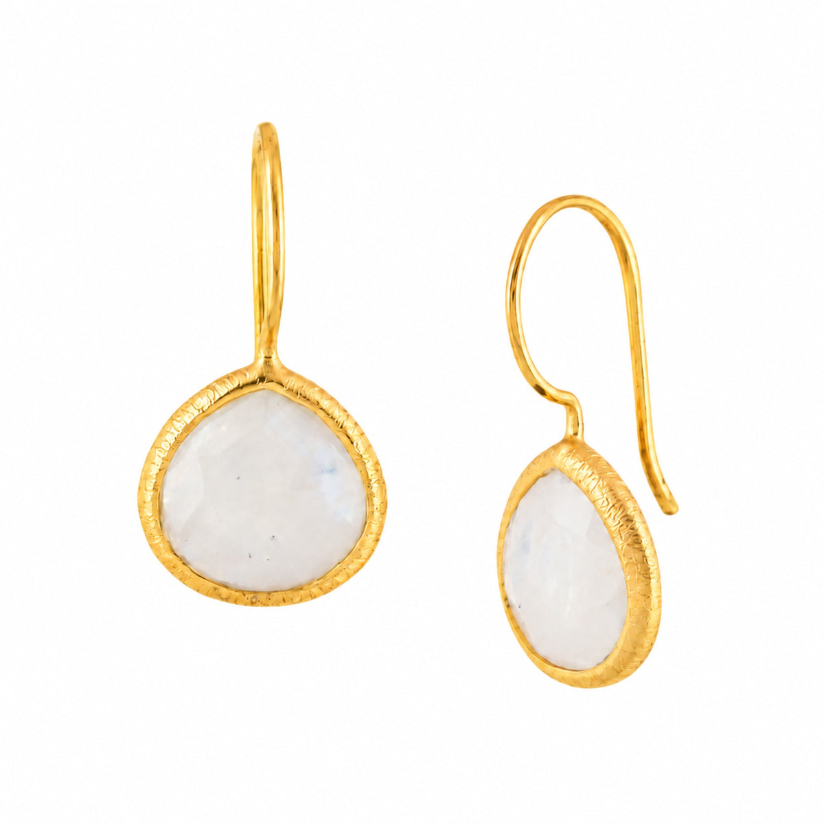 Faceted rainbow moonstone heart drop earrings in a brushed gold bezel on wire hooks on a white background