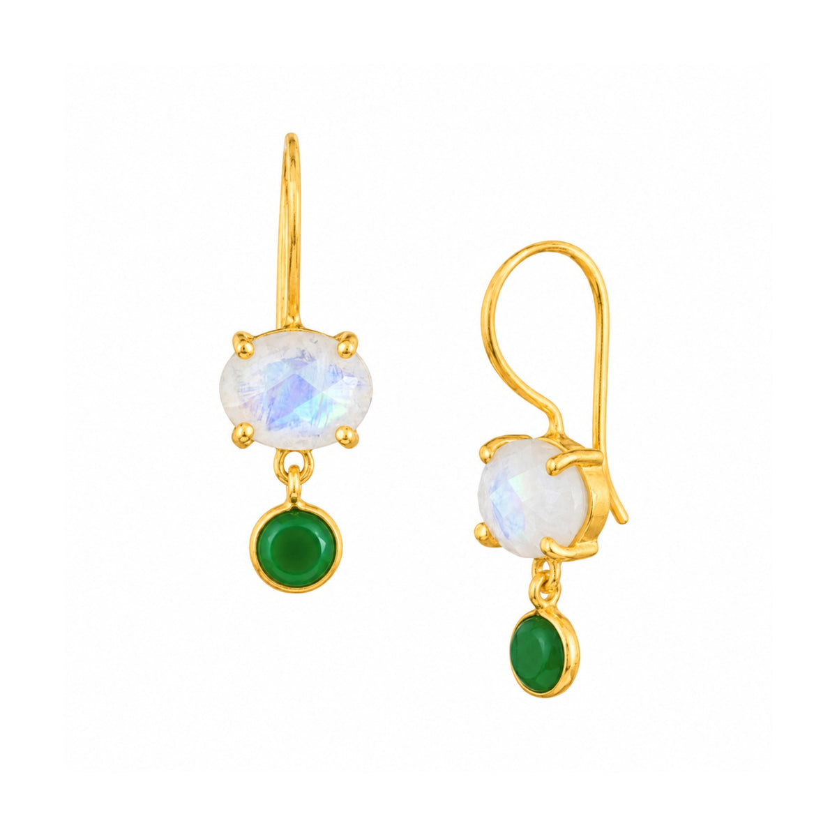 Faceted rainbow moonstone oval and green onyx round duo drop earrings in gold on wire hooks on a white background