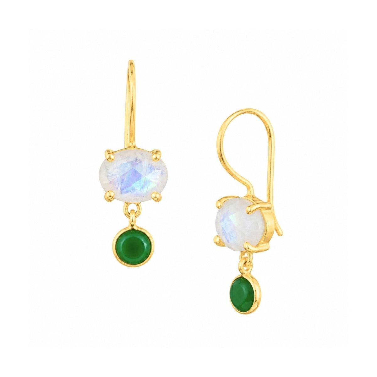 Faceted rainbow moonstone oval and green onyx round duo drop earrings in gold on wire hooks on a white background