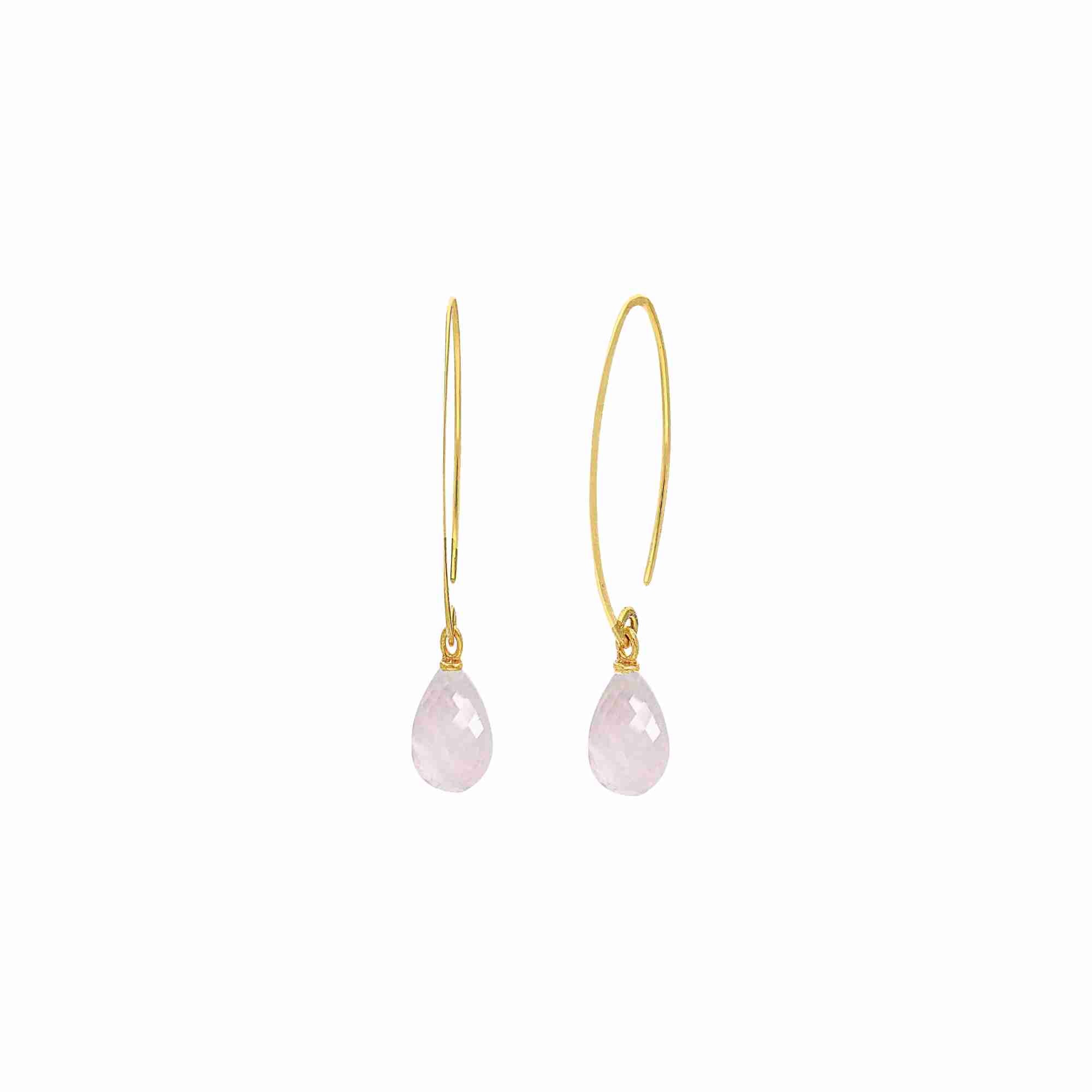 Dew Drops Rose Quartz Teardrop Dangler Earrings Gold — soft pink rose quartz teardrop danglers in 22K gold vermeil by Protsaah Zurich.