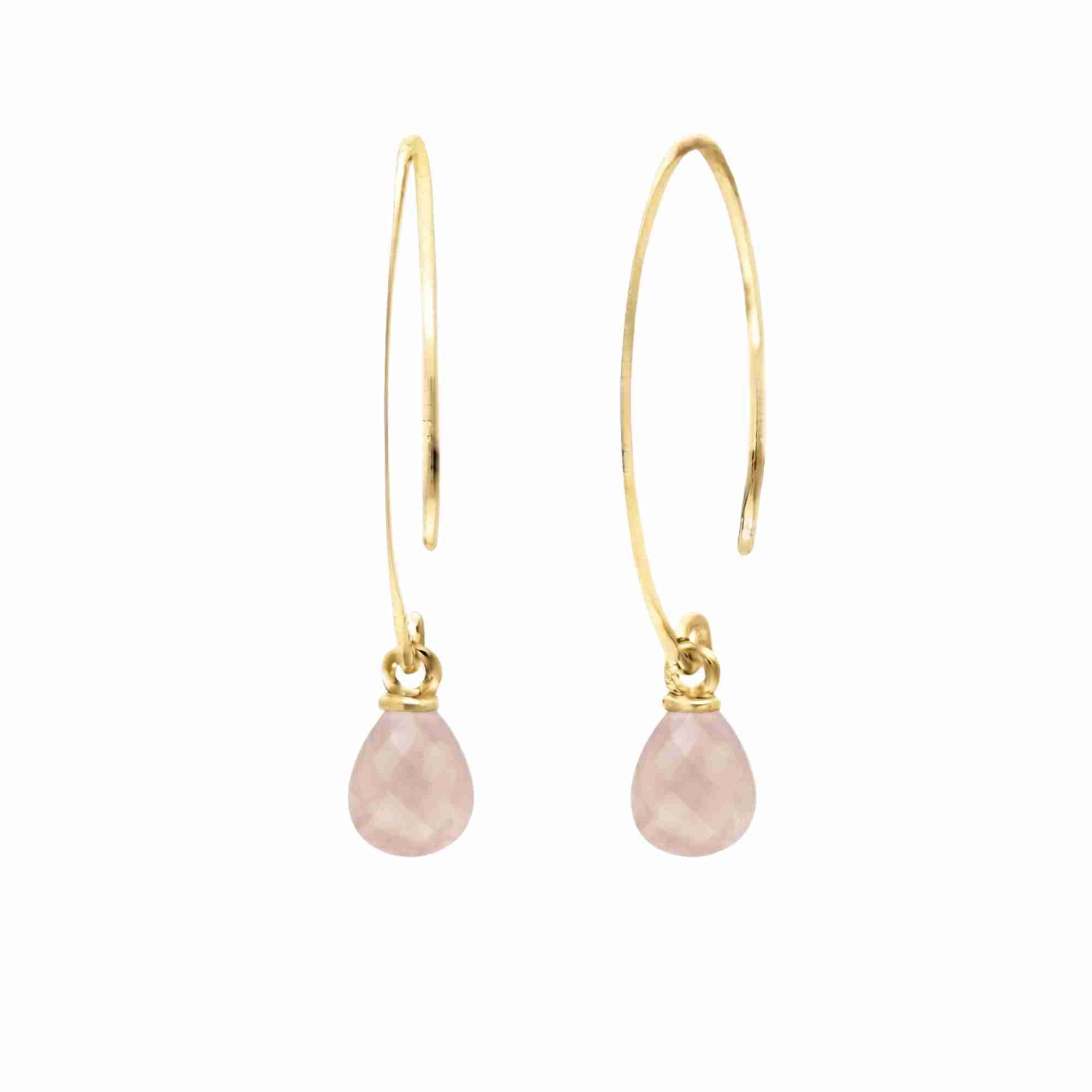 Dew Drops Rose Quartz Teardrop Dangler Earrings Gold — soft pink rose quartz teardrop danglers in 22K gold vermeil by Protsaah Zurich.