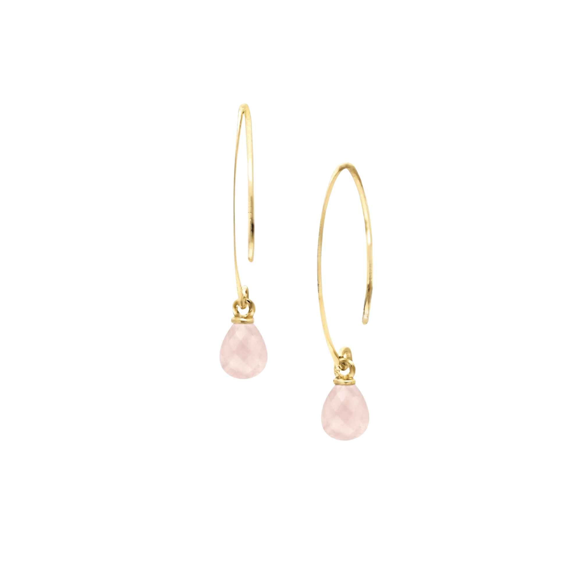 Pair of elongated, minimalist 22K gold plated 925 Silver open marquise-shaped wire hooks, each dangling a micro-faceted teardrop briolette charm made of natural translucent soft pale pink Rose Quartz gemstone against a plain white background — Protsaah Zurich.