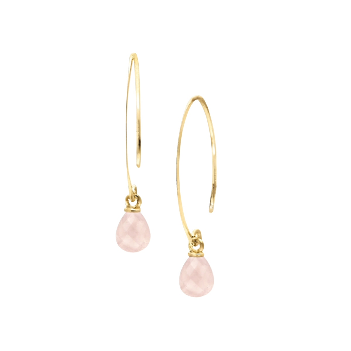 Pear briolette rose quartz drop earrings on long open gold arc hooks on a white background