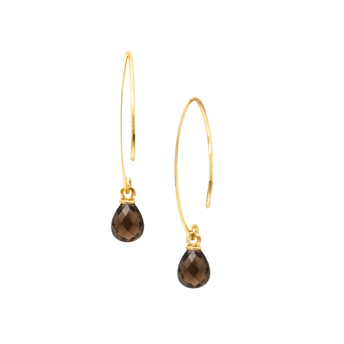 Pear briolette smoky quartz drop earrings on long open gold arc hooks on a white background
