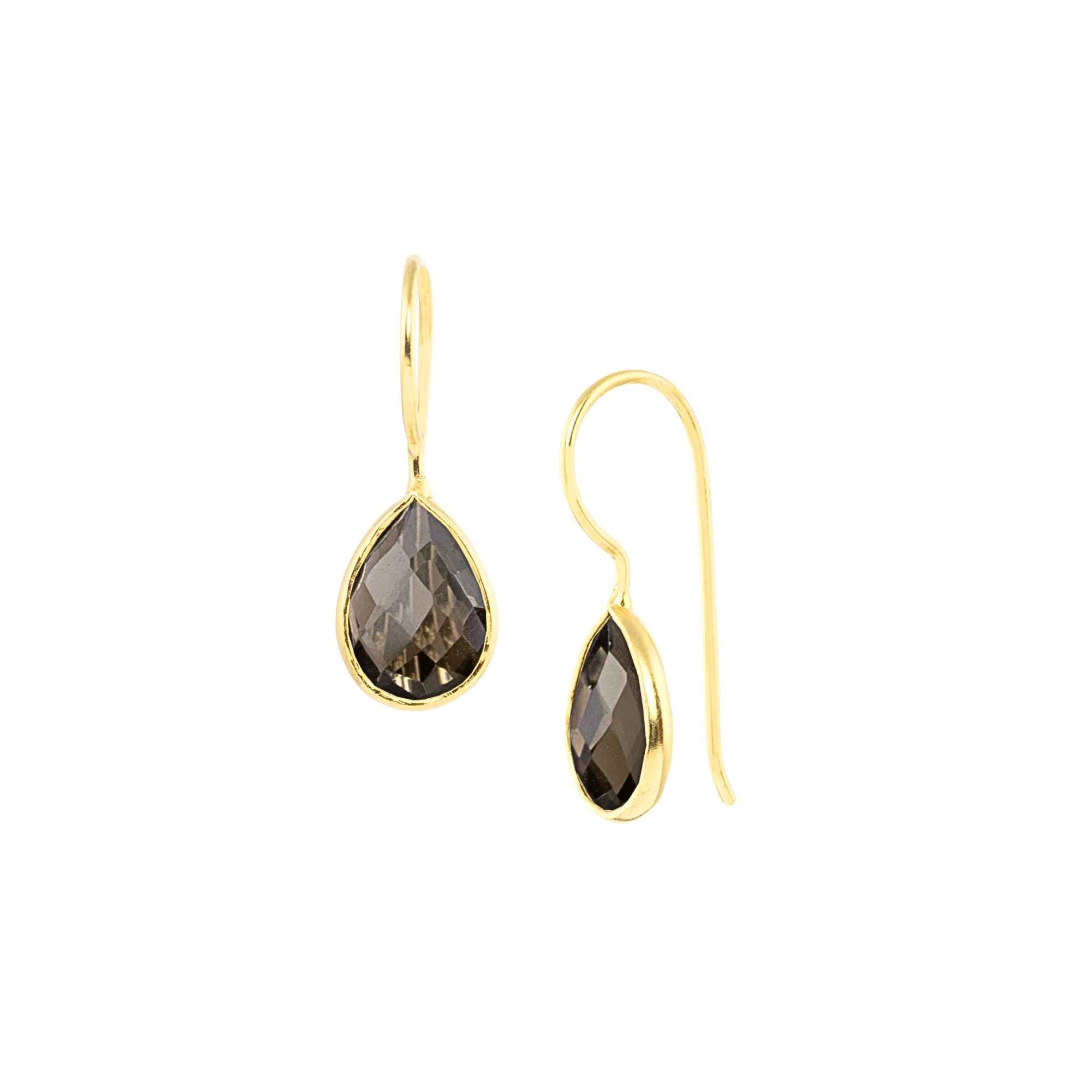 A pair of gold teardrop drop earrings with faceted transparent brown smoky quartz stones on a sleek continuous curved ear hook in high-shine 22K gold finish. It is in gold bezel setting with french wire hooks, studio shot on white background — Protsaah.