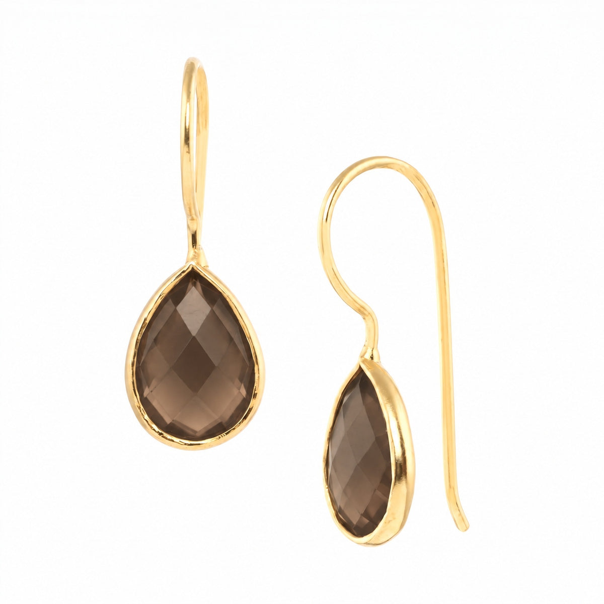 Faceted 7 x 10mm smoky quartz teardrop drop earrings in a gold bezel on wire hooks on a white background