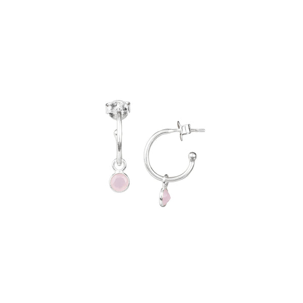 Dew Drops Single Stone Hoop Earrings Silver Pink Chalcedony
