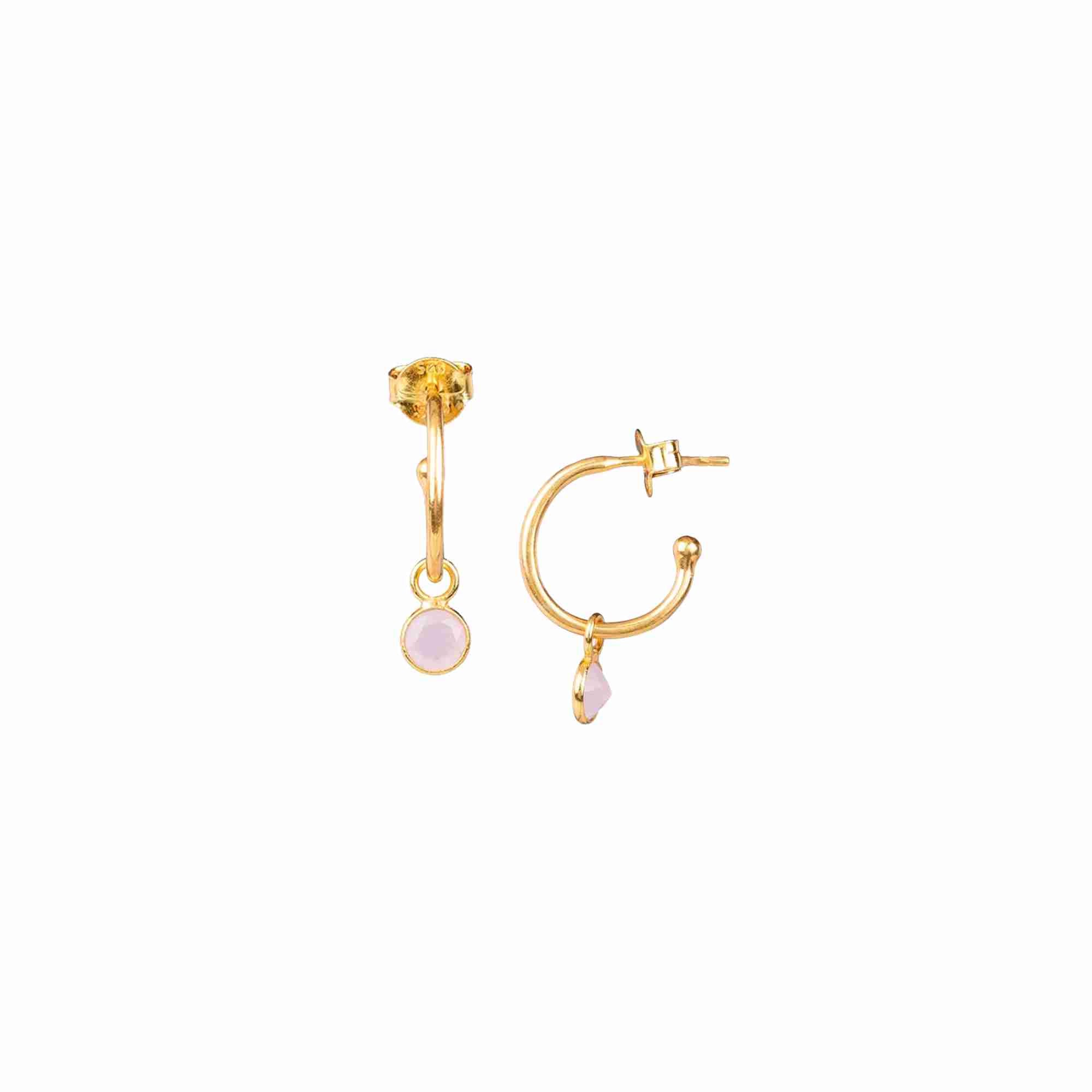 Dew Drops Hoop Earrings with Pink Chalcedony Charm Gold