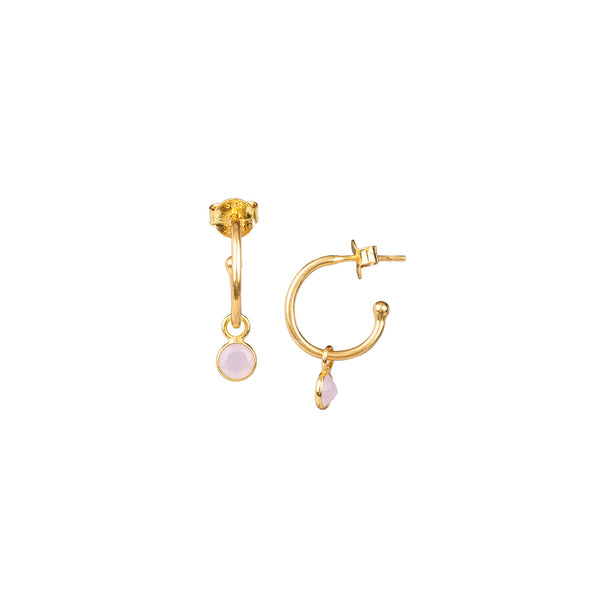 Dew Drops Single Stone Hoop Earrings Gold Pink Chalcedony