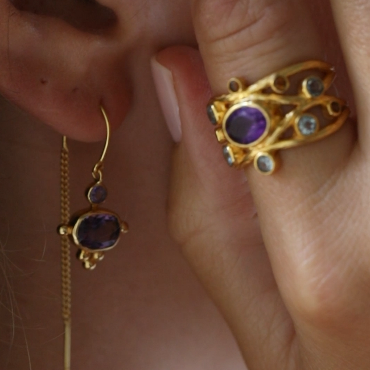 Kaleidoscope Labradorite Blue Topaz & Nephrite Statement Ring Gold