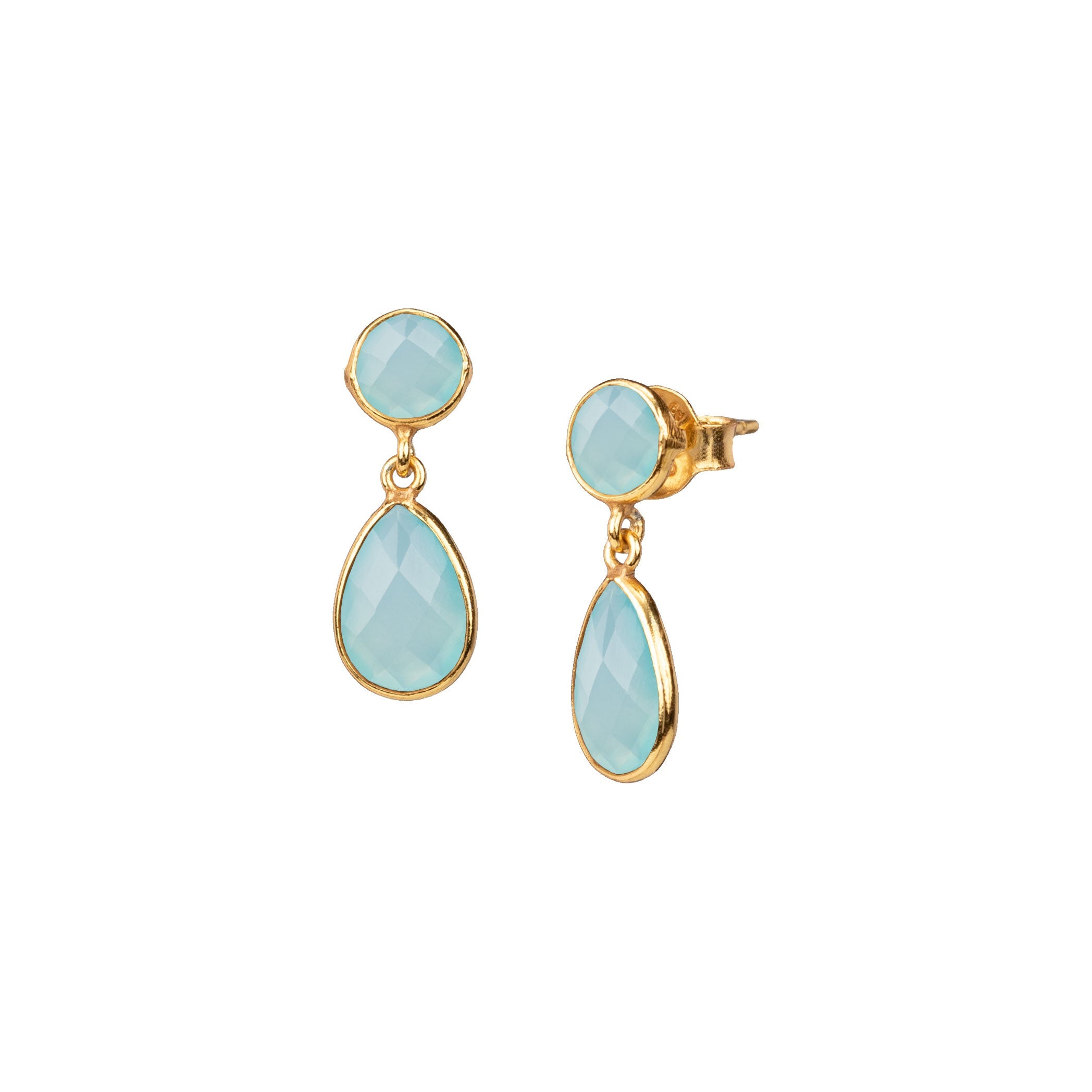 Dew Drops Aqua Chalcedony Stud & Teardrop Drop Earrings Gold
