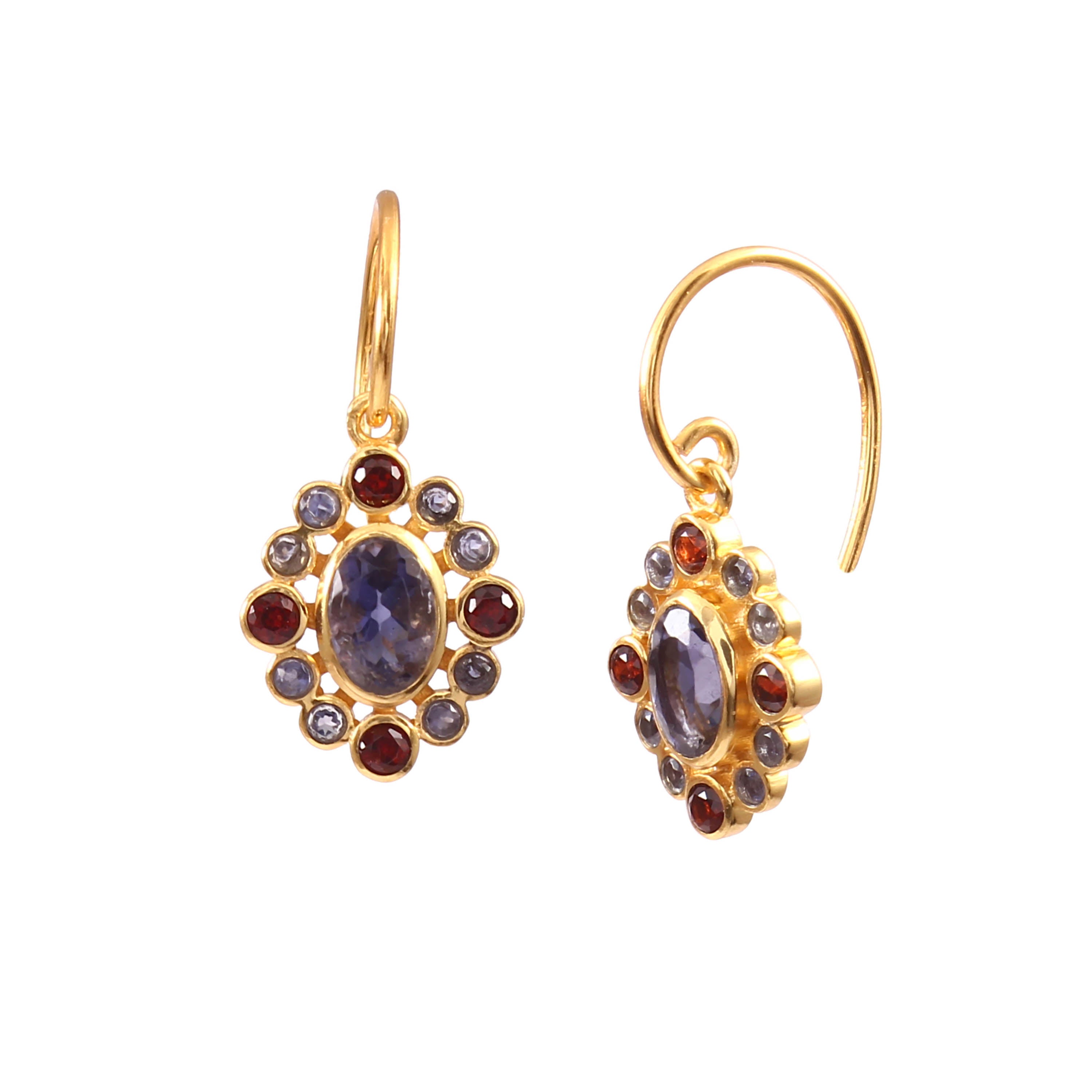 Delicate Vintage Halo Cluster Iolite & Garnet Drop Earrings Gold