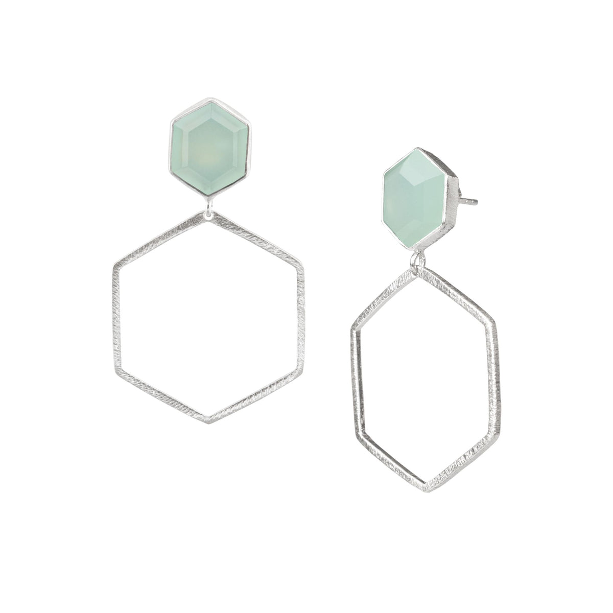 Hexagon-cut aqua chalcedony stud above a large open silver hexagon frame on a white background