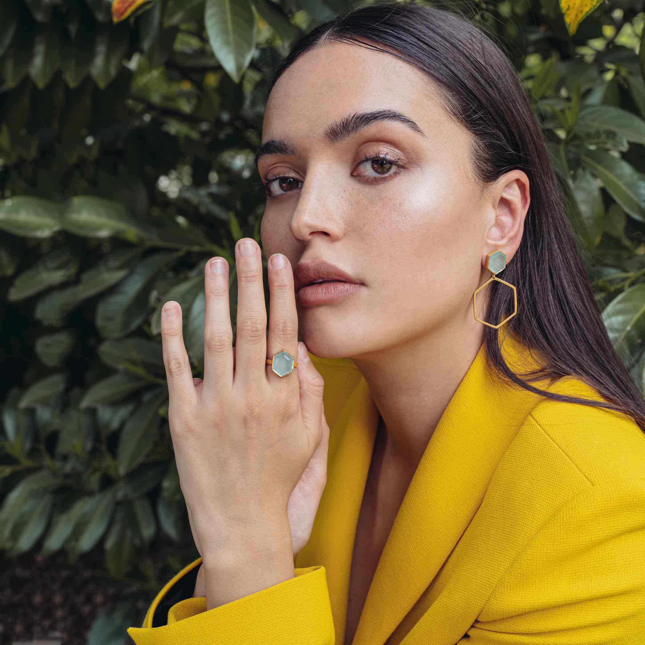 Geo Glam Hexagon Pink Calcedony Statement Earrings Gold