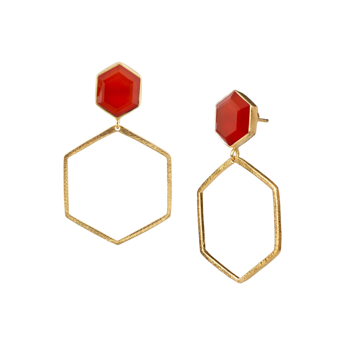 Hexagon-cut carnelian stud above a large open gold hexagon frame on a white background