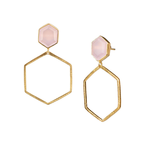 Geo Glam Hexagon Pink Calcedony Statement Earrings Gold