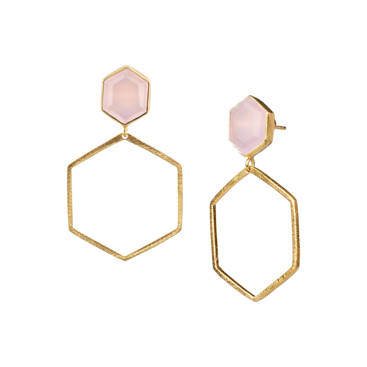 Stecker mit rosa Chalzedon im Hexagonschliff über grossem offenem Hexagonrahmen in Gold, weisser Hintergrund