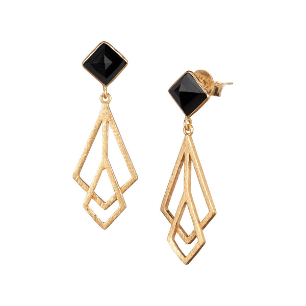 Geo Glam Black Onyx Prisms Statement Earrings Gold