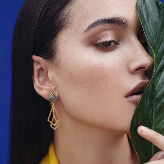 Geo Glam Black Onyx Prisms Statement Earrings Gold