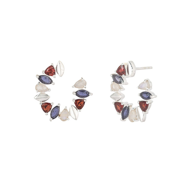 Kaleidoscope Garnet Iolite and Rainbow Moonstone Circular Hoop Statement Earrings Silver