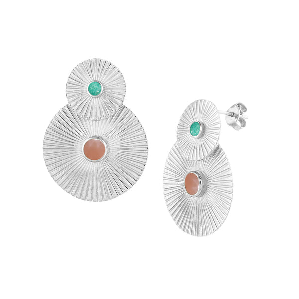 Delicate Vintage Peach Moonstone and Amazonite Fluted Medallion Coin Duo Statement Earrings Silver